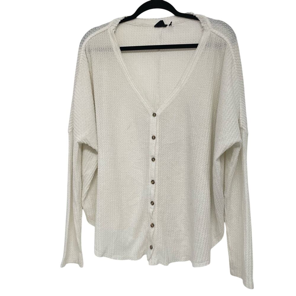 Out From Under White Waffle Knit Cardigan Sweater Womens M Raw Edge Boho Fall